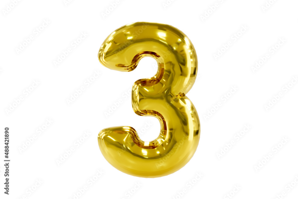 Naklejka premium Golden number 3 made of realistic helium party balloon, Premium 3d illustration.