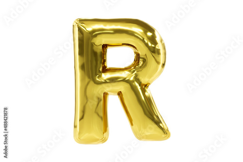 Golden party font metellic golden letter R made of realistic helium balloon, Premium 3d illustration.