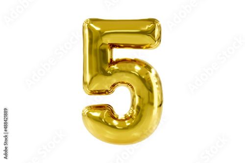 Golden number 5 made of realistic helium party balloon, Premium 3d illustration.