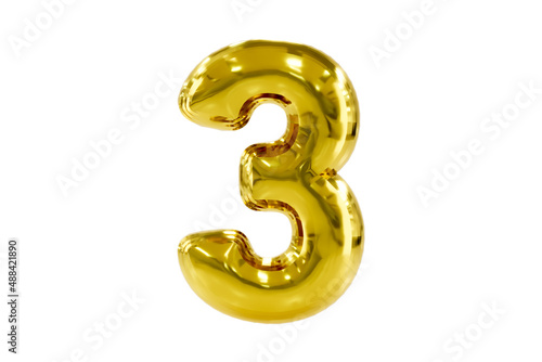 Golden number 3 made of realistic helium party balloon, Premium 3d illustration.
