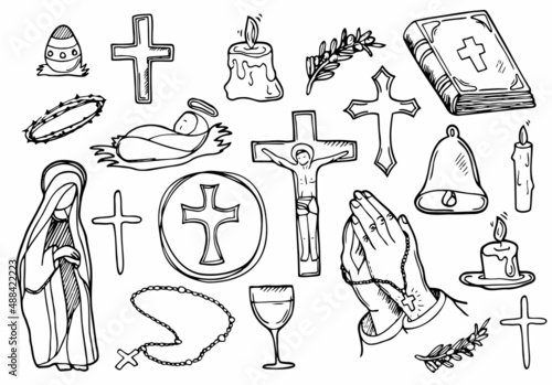Christian Religion doodle icon set. Christianity Vector illustration collection. Cross and symbols Hand drawn Line art style. Easter concept