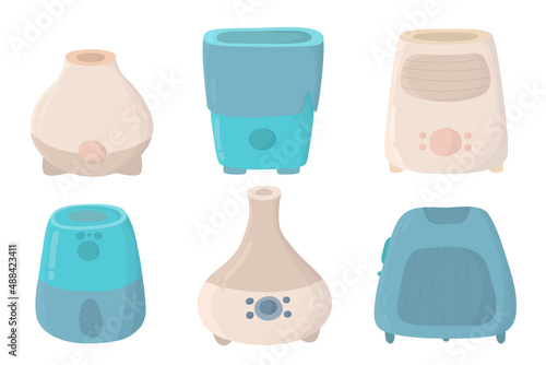 air purifier set cartoon. Humidifier icons set collection. Set of purifiers microclimate for home. Healthy humidity. appliances, aroma diffuser