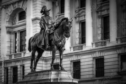 Equestrian statue of George the Duke of Cambridge in black and white on the Whitehall in London, UK. photo