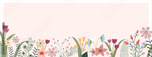 Spring banner with multicolour flowers and leaves on border in peach background, Vector horizontal backdrop of cute blooming flora frame, Beautiful botanical for Mother day or Summer Holiday card