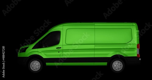 Cargo van with rotating wheels on a dark background, 3D animation