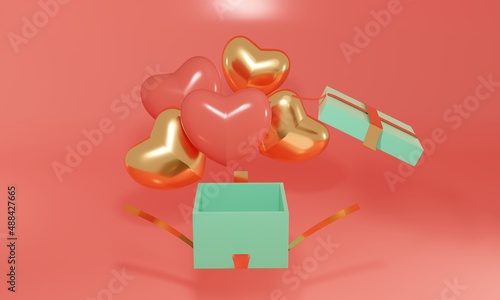 3d Pink and gold heart-shaped balloons flying out of an open gift box. Festive greeting concept. 3d realistic illustration