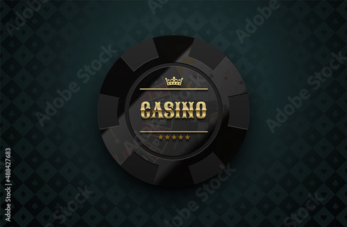 Vector black casino glossy poker chip with roulette and poker card reflection. blue green silk card suits background. Blackjack or online casino web banner, logo or icon. Vector golden crown emblem