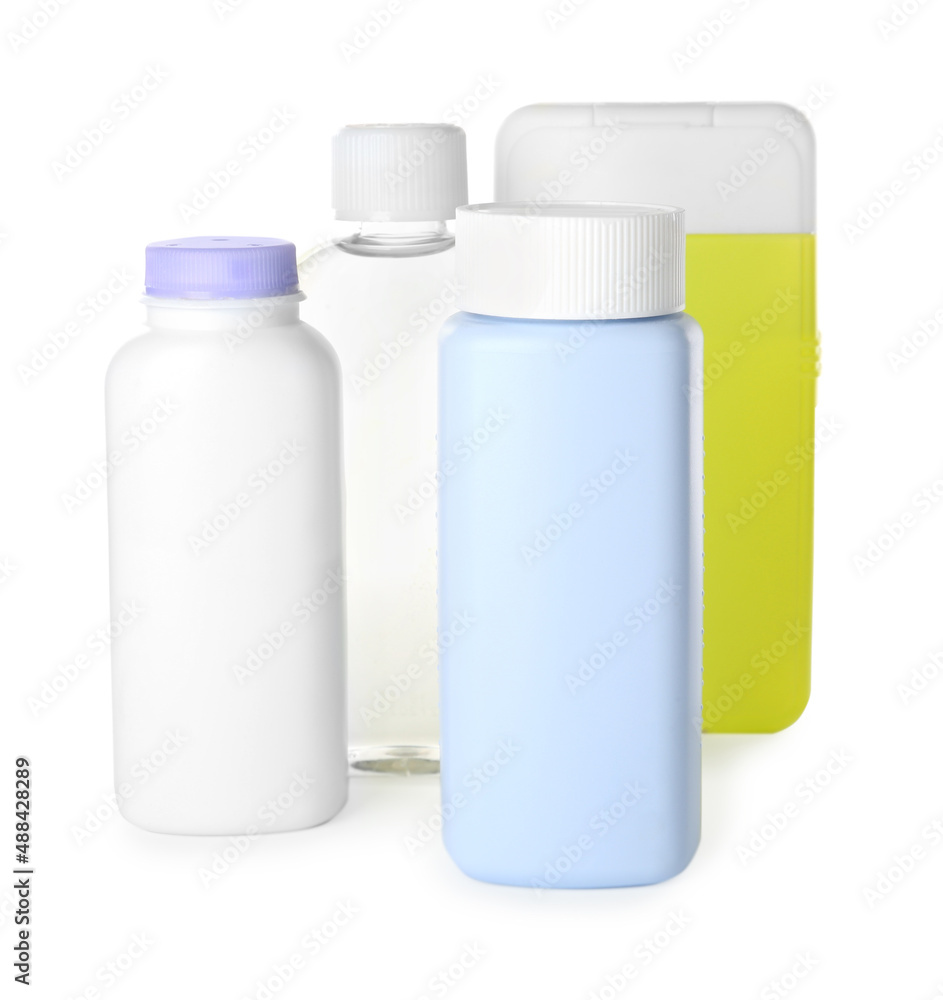 Bottles of baby cosmetic products on white background Bottles of baby cosmetic products on white background