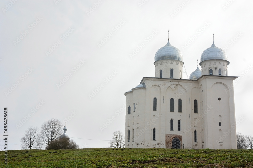 St. George's Cathedral of St. George's Monastery at the source of the Volkhov River, on the shore of Lake Ilmen. Veliky Novgorod, Russia