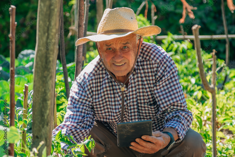 senior man working the field with digital device senior man working the field with digital device