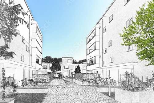 Drawing sketch of a residential area with modern apartment buildings, new green urban landscape in the city