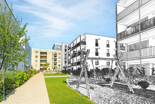 Drawing sketch of a residential area with modern apartment buildings, new green urban landscape in the city