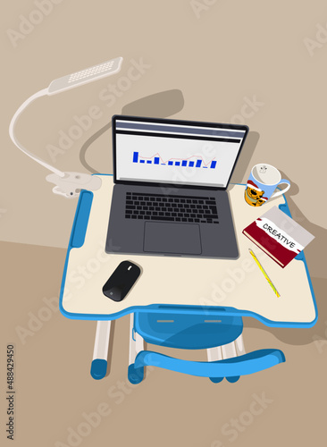 E-learning and education at home in quarantine. Working at home, coworking space, concept vector illustration. Creative office desktop workspace. Freelancer working on laptops and computers at home.