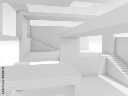 Abstract white modern interior background with stairways, 3d