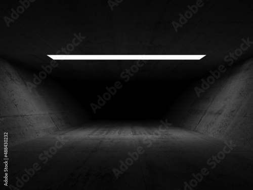 Quadro su tela Empty dark concrete tunnel perspective with ceiling light, 3d