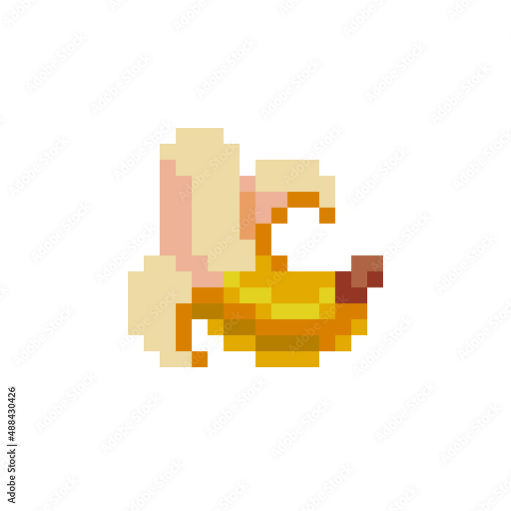 Banana pixel art icon, fruit logo. Isolated vector illustration. Game assets 8-bit sprite. Design for stickers, web, mobile app.