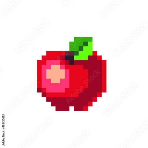 Red apple pixel art icon, fruit logo. Isolated vector illustration. Game assets 8-bit sprite. Design for stickers, web, mobile app.