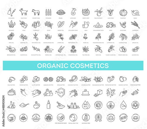 Vector set of natural ingredients and oils for cosmetics in linear style