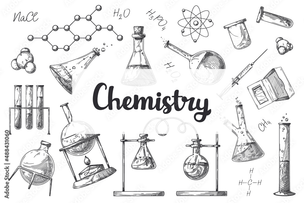 Obraz premium Set of different pharmaceutical flasks, beakers and test tubes. A sketch of chemical laboratory objects.