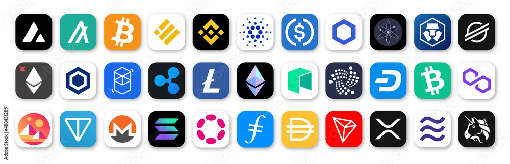 Cryptocurrency logo icon button set, vector editorial illustration ...