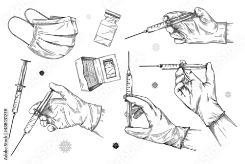 Set of various medical objects. Doctor's hand with a syringe in different positions. Vaccine, mask and syringe. Vector illustration