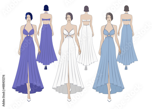Fashion show. Fashion models on the catwalk. Long dresses in white and blue on models.  Women's Dress design in front and back. Runway. Luxury dresses. 