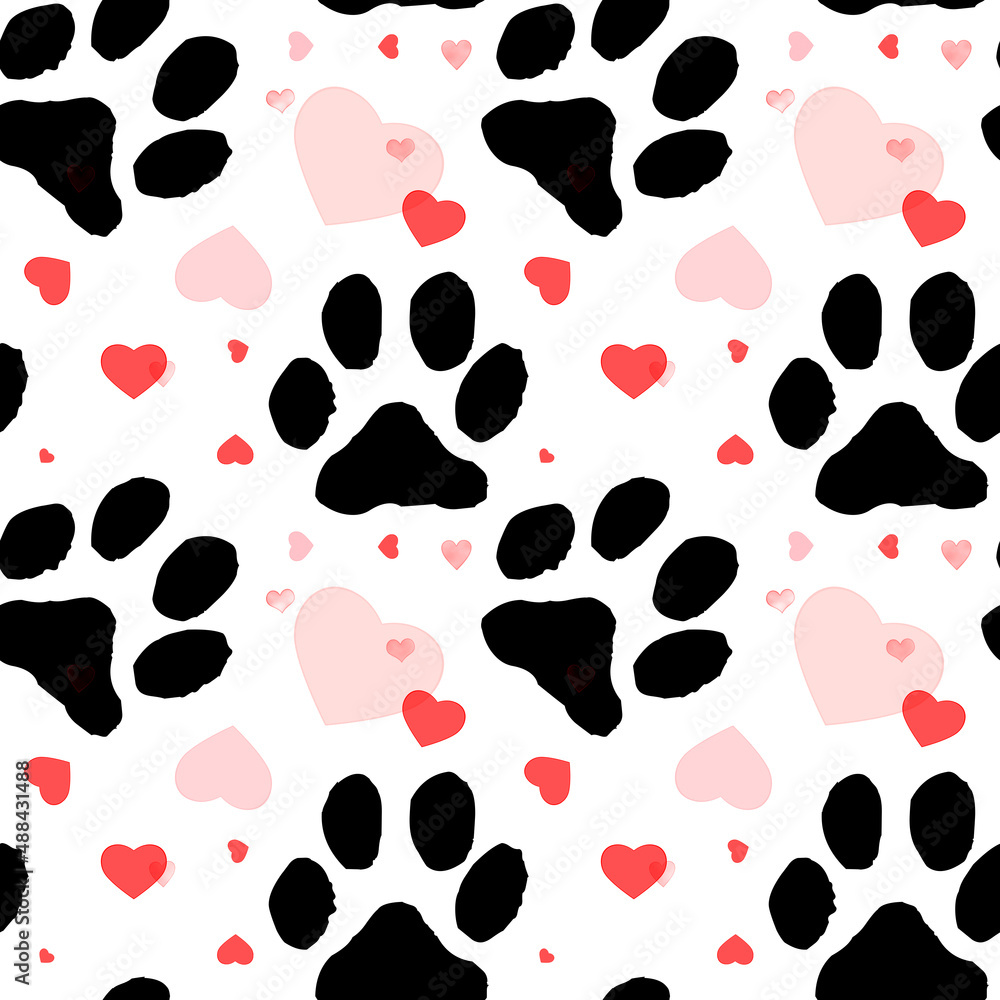 Flat cartoon animal footprint silhouette seamless pattern. Cat or dog foot. Black print paw trace. Trendy style design Flat cartoon animal footprint silhouette seamless pattern. Cat or dog foot. Black print paw trace. Trendy style design