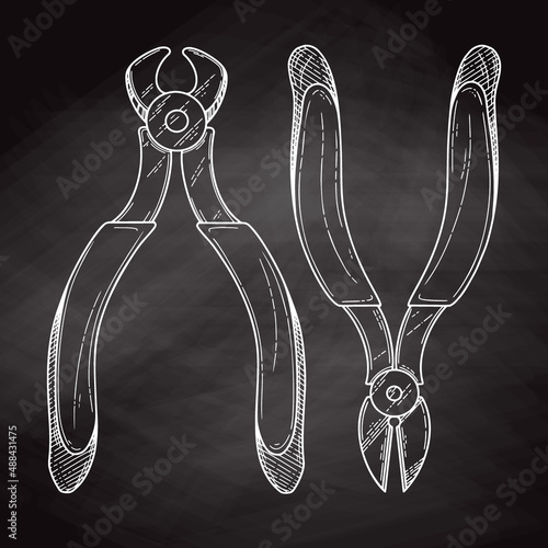 Pliers pincers hand tool isolated on black background. Vector