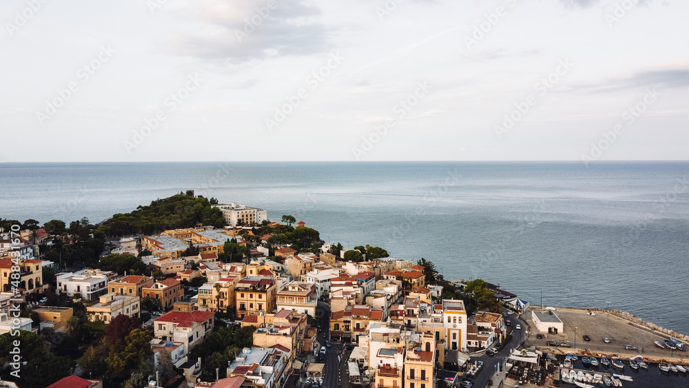 Panoramic landscape of Mondello Beach in Palermo, Sicily. Aerial view of a Mediterranean coastal town.