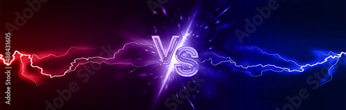 Lightning collision red and blue versus background with letters VS. Bright light flash with lightning from different directions. Versus banner, confrontation concept, vs battle, match game. Vector