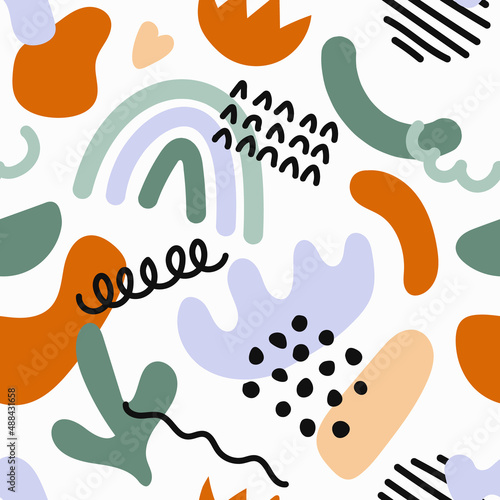 Hand drawn Various colorful shapes and doodle objects. Different figures. Abstract contemporary modern trendy vector illustration. Seamless pattern. Background, wallpaper, Wrapping, textile template