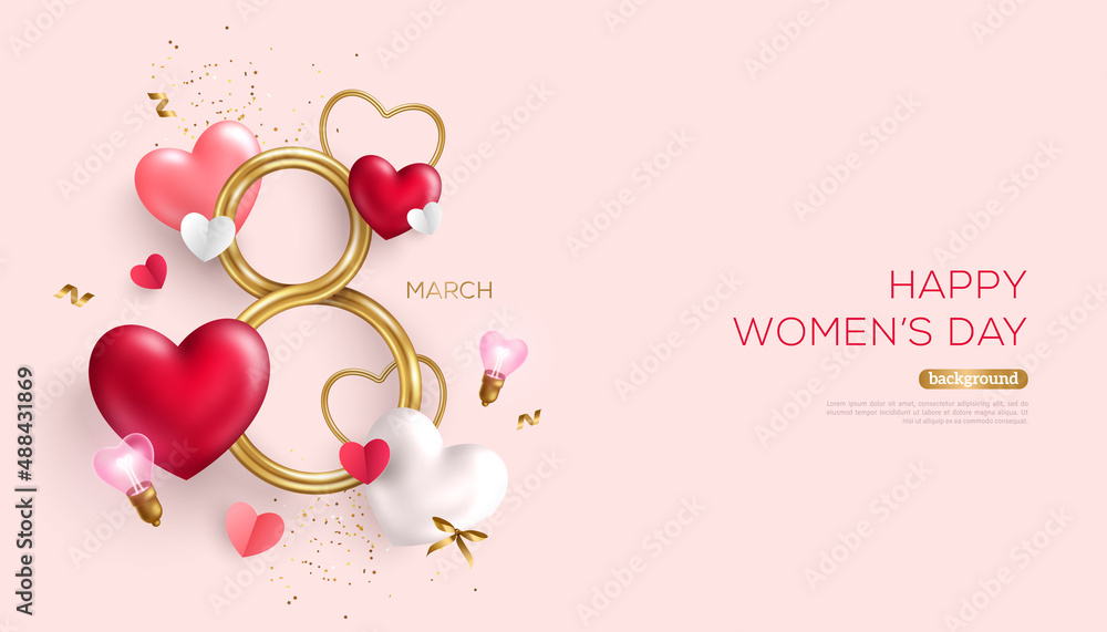March 8 golden symbol with 3d red heart balloons. International Women's day  pink background. Vector illustration. Place for text. Eight gold metal  shape and light bulbs. Gift card voucher template Stock Vector