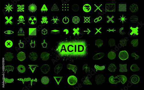 Brutalism acid icons and trendy abstract shapes. 3D street elements and vaporwave style shapes from 80s-90s. Trendy acid icons, stickers and symbols. Toxic color, t-shirt, apparel, merch. Vector set photo