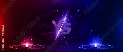 Futuristic Versus Battle Banner - blank image. Red and Blue holograms with glow rays on a scene with sparks and VS letters. Versus battle with hologram. Competition, match, vs, esport concept. Vector