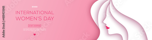 International Women's Day banner with paper cut woman face on pink background. 8 march vector illustration. Abstract girl portrait cutout. Minimal feminine header for spa beauty salon, hairdresser