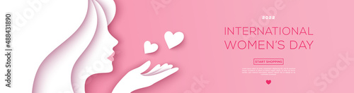 International Women's Day banner with paper cut woman face blowing kiss on pink background. 8 march vector illustration. Abstract girl portrait cutout, beauty spa salon header. Place for text
