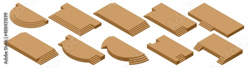 Isometric set of blank brown stage podium for award ceremony. Template of blank empty podium stage.