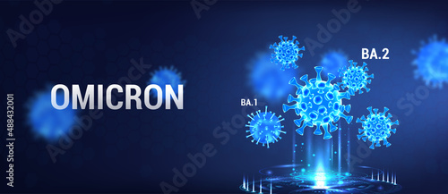 Omicron strain ba.1 and ba.2 category, variety covid-19. Coronavirus 3D bacteria with hologram on blue background. Omicron - stealth strain ba.2. virus bacterias. Coronavirus (covid-19) Vector banner photo