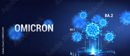 Omicron strain ba.1 and ba.2 category, variety covid-19. Coronavirus 3D bacteria with hologram on blue background. Omicron - stealth strain ba.2. virus bacterias. Coronavirus (covid-19) Vector banner