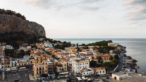Panoramic landscape of Mondello Beach in Palermo, Sicily. Aerial view of a Mediterranean coastal town.