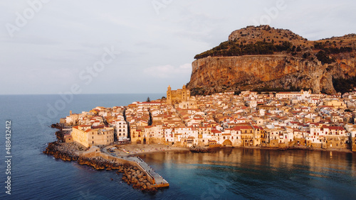 Sunset in Cefalu. Drone shot Cefalu, medieval village Sicily, Palermo province, Italy