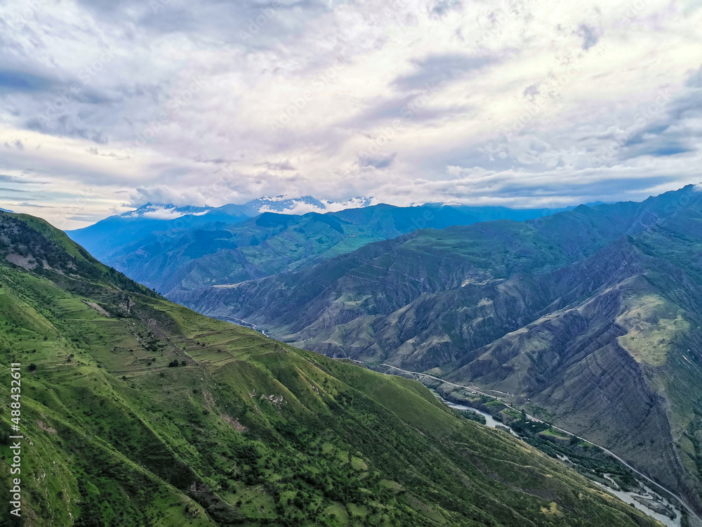 Panoramic view of the mountains from the ancient village of Goor. Russia, Dagestan 2021 Panoramic view of the mountains from the ancient village of Goor. Russia, Dagestan 2021