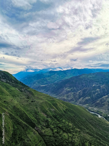 Panoramic view of the mountains from the ancient village of Goor. Russia, Dagestan 2021