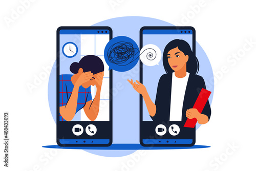 Psychological counseling concept. Psychological assistance service online on mobile phone. Therapist is helping to patient cope with a stressful situation. Vector illustration. Flat.