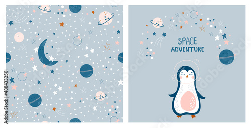 Baby cosmic set with penguin, moon, planet and stars. Vector seamless pattern in simple hand drawn style. Cute illustrations for interior decorating, fabric, baby clothes, baby shower decor.