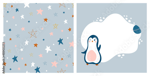 Baby cosmic set with penguin and stars. Vector seamless pattern and cute frame in simple hand drawn style. Cute illustrations for interior decorating, fabric, clothes, baby shower decor.