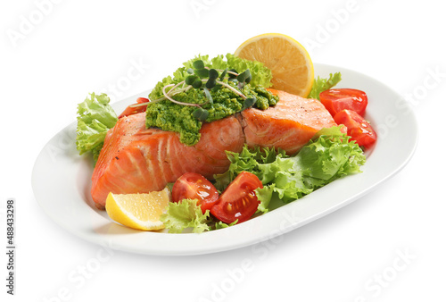 Tasty cooked salmon with pesto sauce and fresh salad on white background