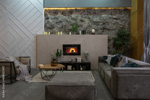 Fotografie modern studio interior with decorative stone walls in grey