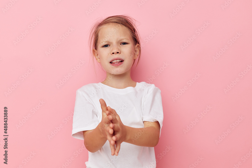 Portrait of happy smiling child girl emotion hands gesture childhood unaltered Portrait of happy smiling child girl emotion hands gesture childhood unaltered