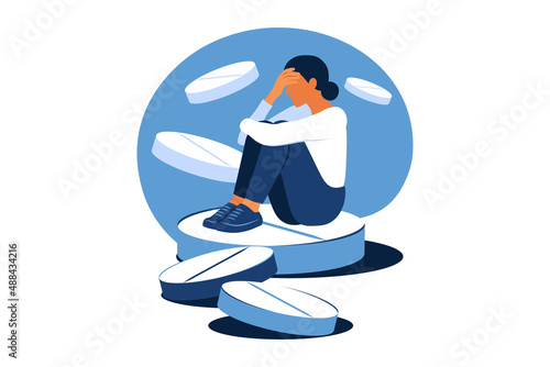 Concept of medication treating illness or disorder. Concept of antidepressants. Depressed woman is sitting on big pill. Medicine. Flat. Vector illustration.